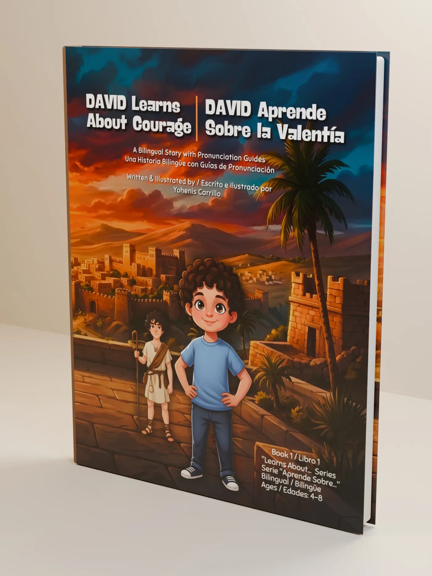 Portada de David Aprende Sobre la Valentía — un niño moderno y el joven pastor David lado a lado bajo un cielo cálido.