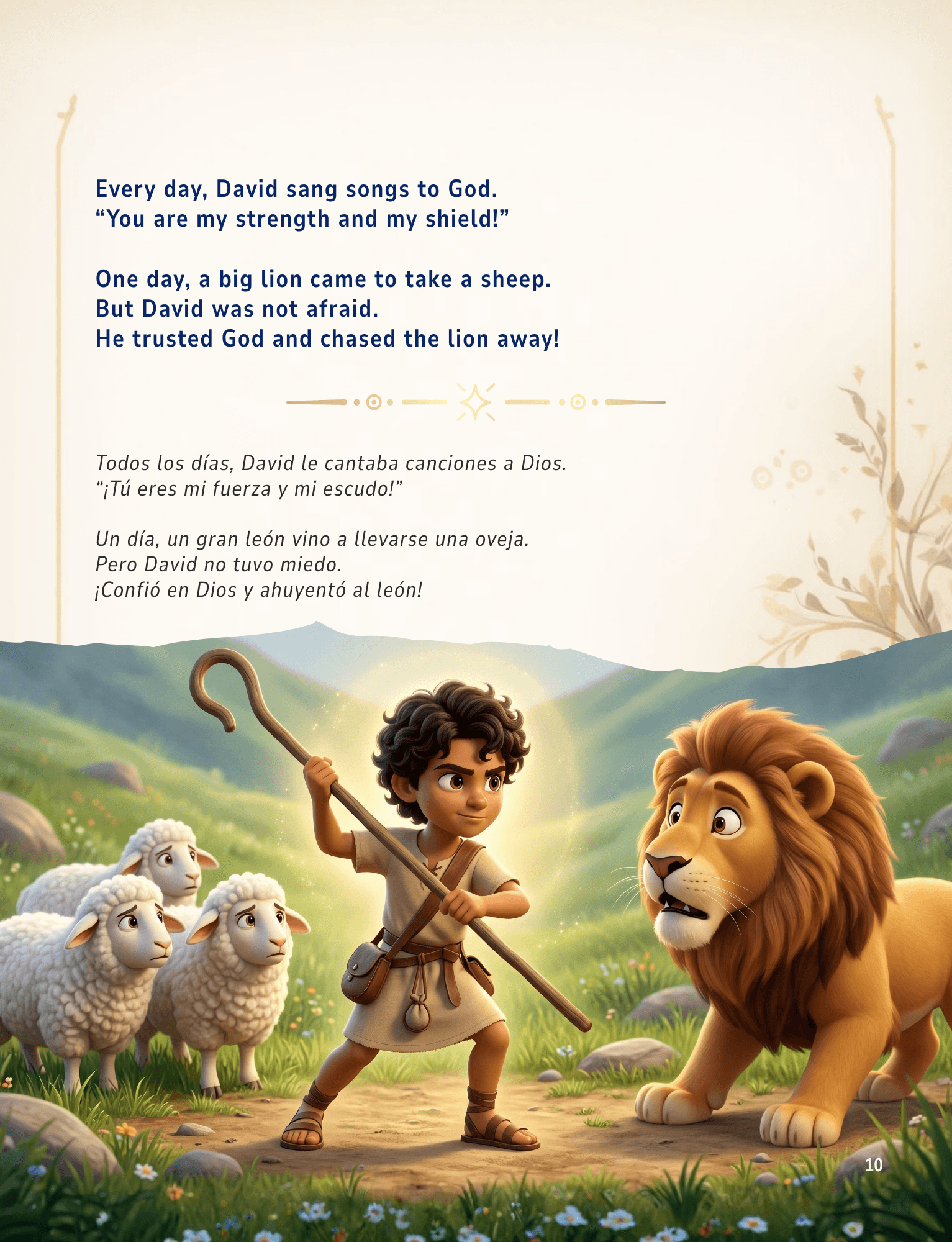 Young shepherd David protecting sheep from a lion.