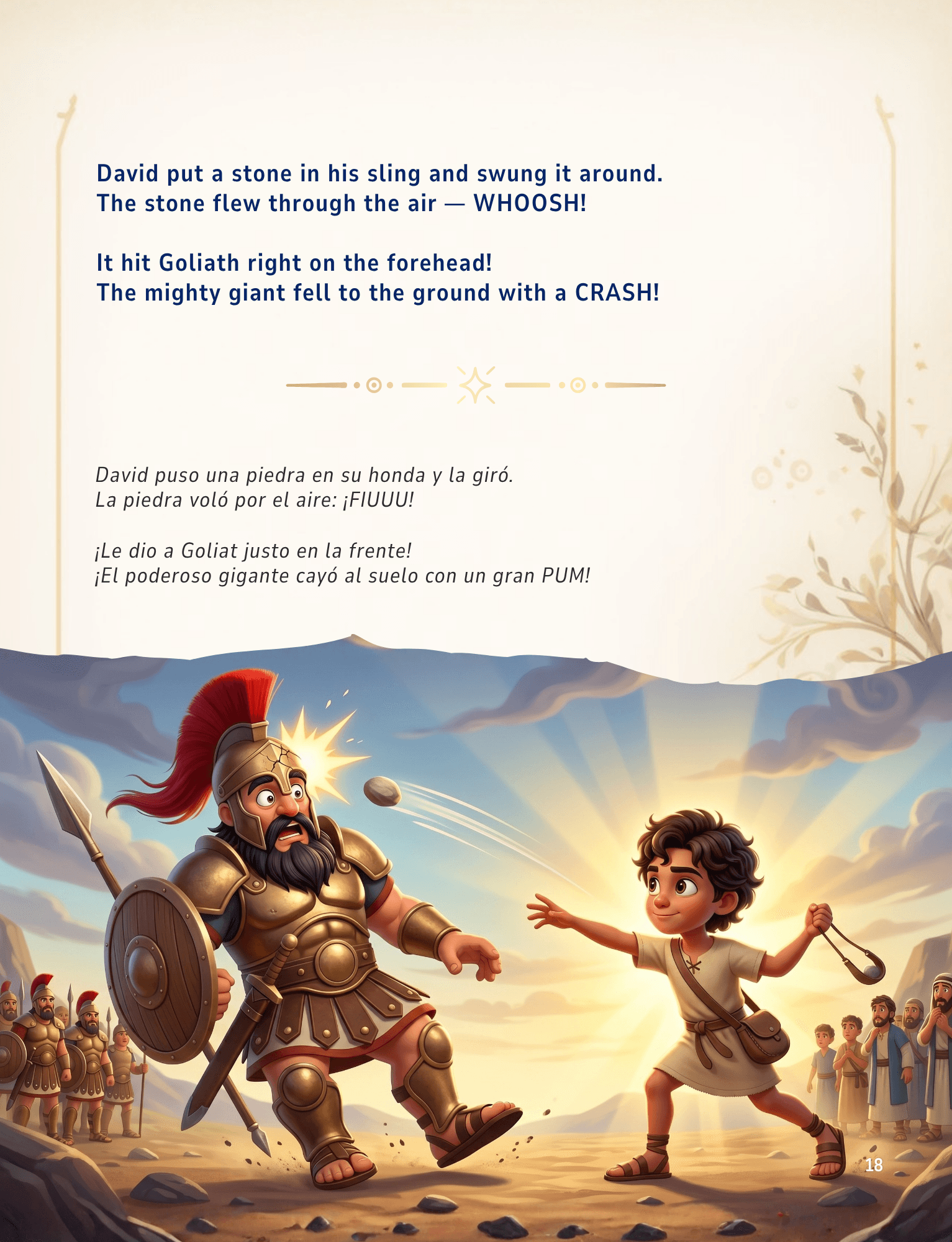 David's stone flying from the sling toward Goliath.