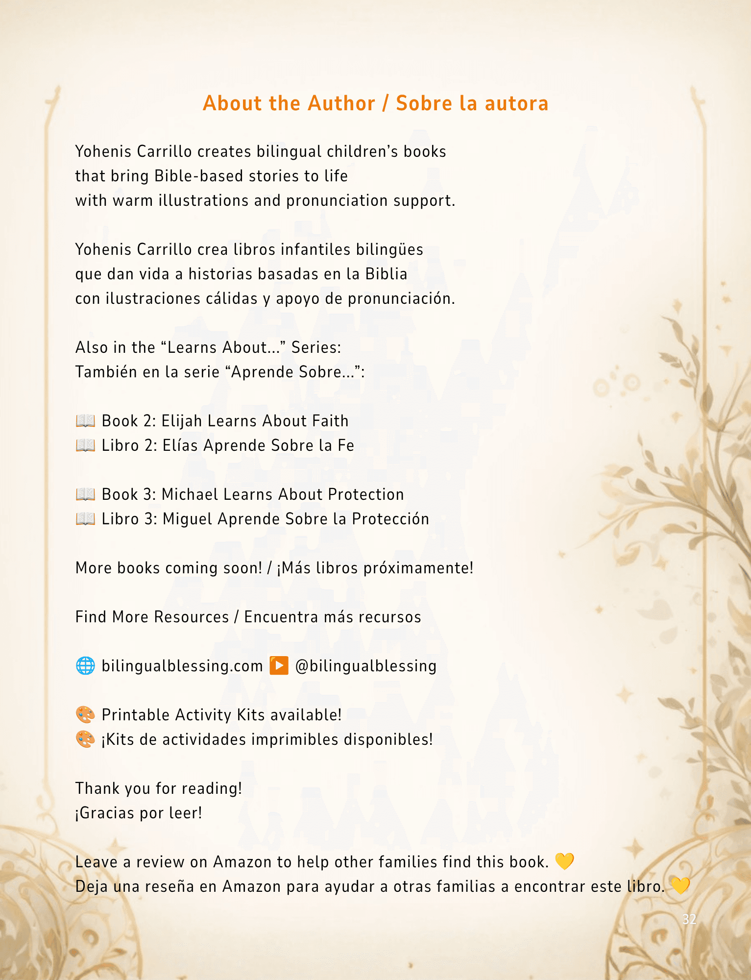 About the author page with links to Bilingual Blessing resources.